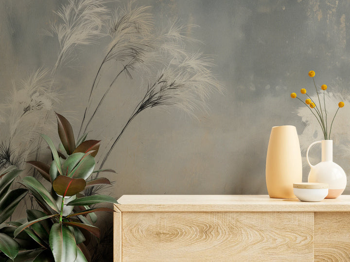 LEANING PLUMES close up – leaning black blades and cream plumes above a green plant beside a pale chest of drawers with vases