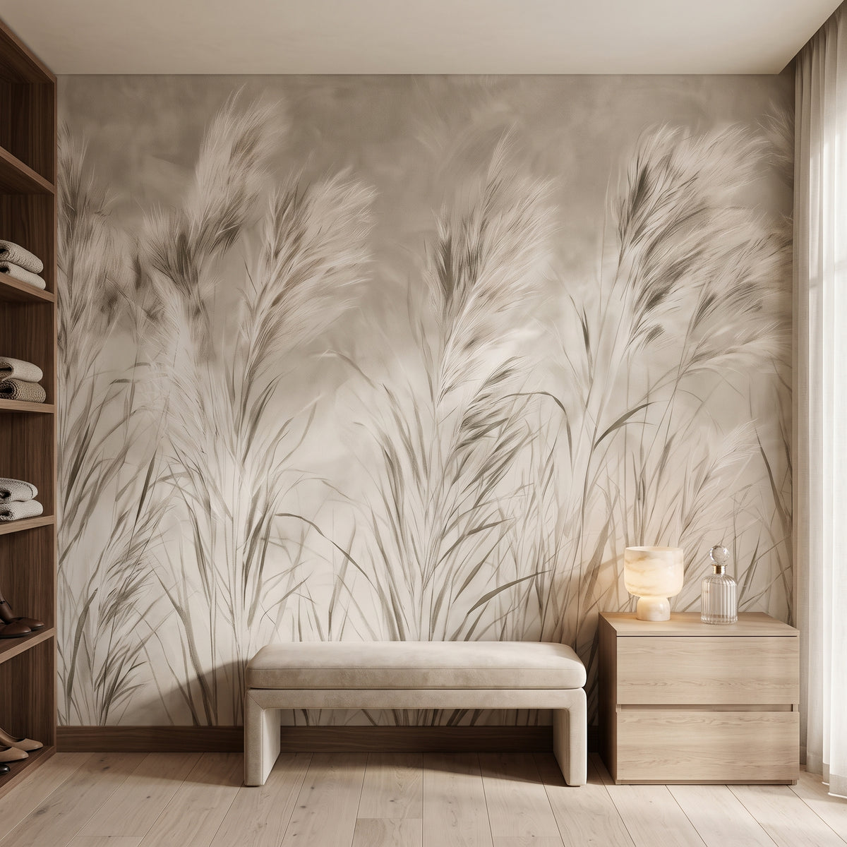 LEEWARD SWAY in der Raumgestaltung einer Ankleide in einem Apartment in Monte Carlo, vor der Wand eine Samtbank und eine niedrige Kommode