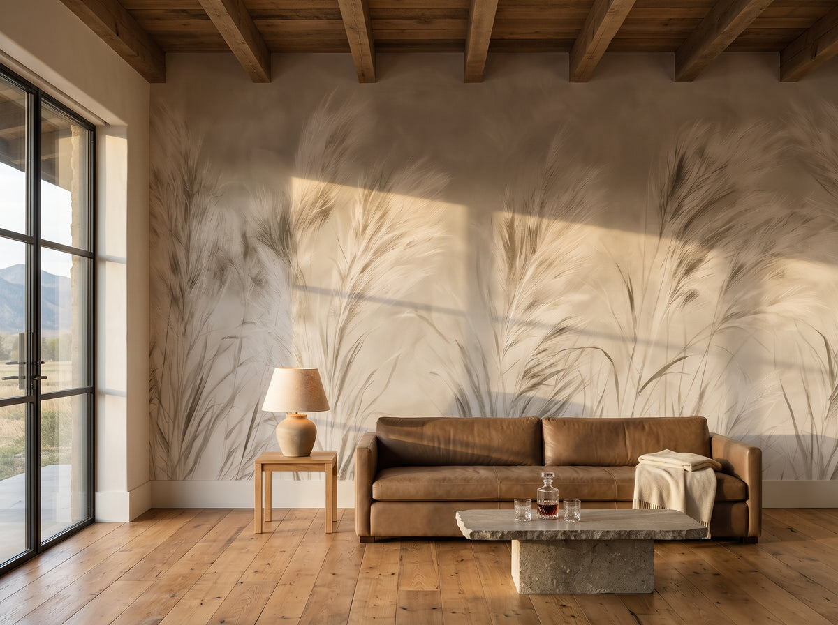 LEEWARD SWAY im Interieur eines Wohnzimmers auf einer Ranch in Montana, vor der Wand ein Ledersofa und ein Steintisch