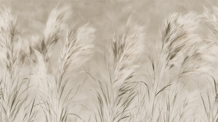 LEEWARD SWAY, diseño completo: plumeros crema de hierba de la pampa inclinados a la derecha sobre fondo beige claro