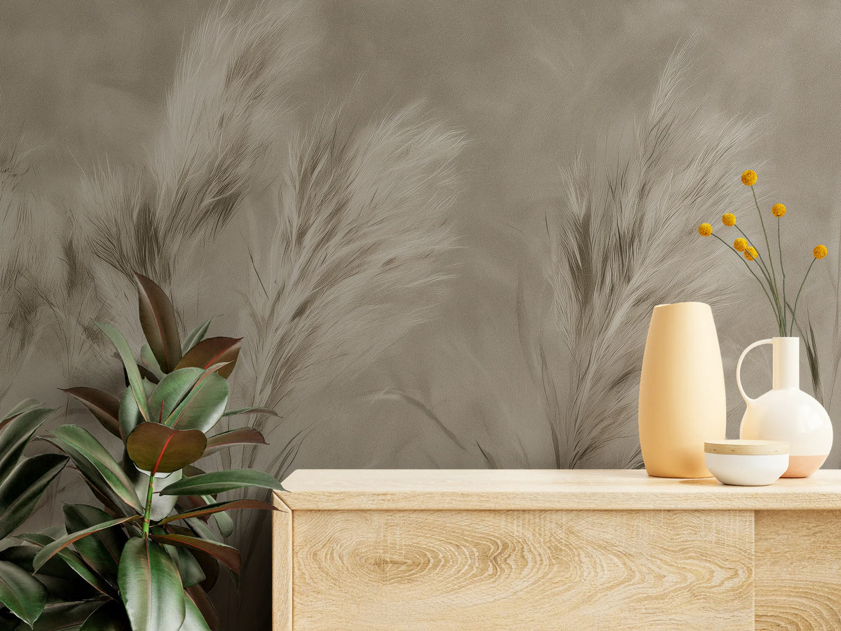 LEEWARD SWAY aus der Nähe – cremefarbene Wedel mit braunen Schlieren über einer hellen Holzkommode mit Vasen