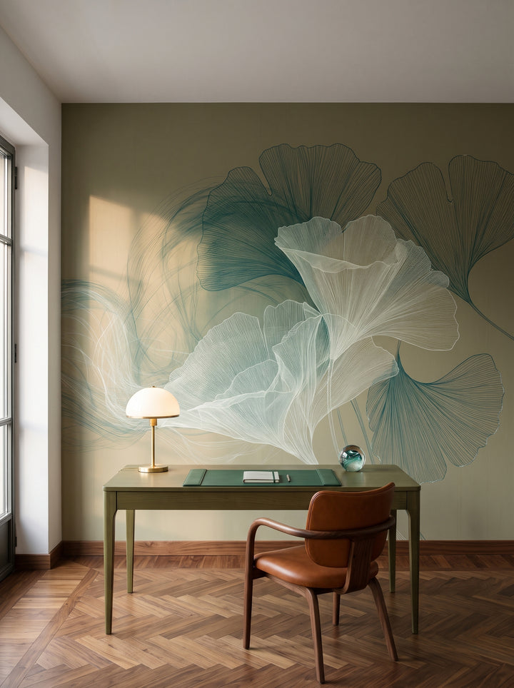 LICHEN PLUME dans un cabinet de travail d’un appartement milanais des années 50, devant le mur un bureau bas et un fauteuil en cuir