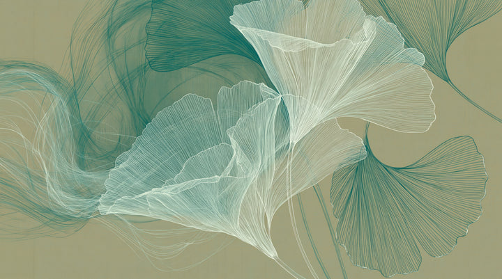 LICHEN PLUME – motif complet : feuilles de ginkgo blanches et menthe, éventails vert foncé et traînée de fils sur un kaki olive