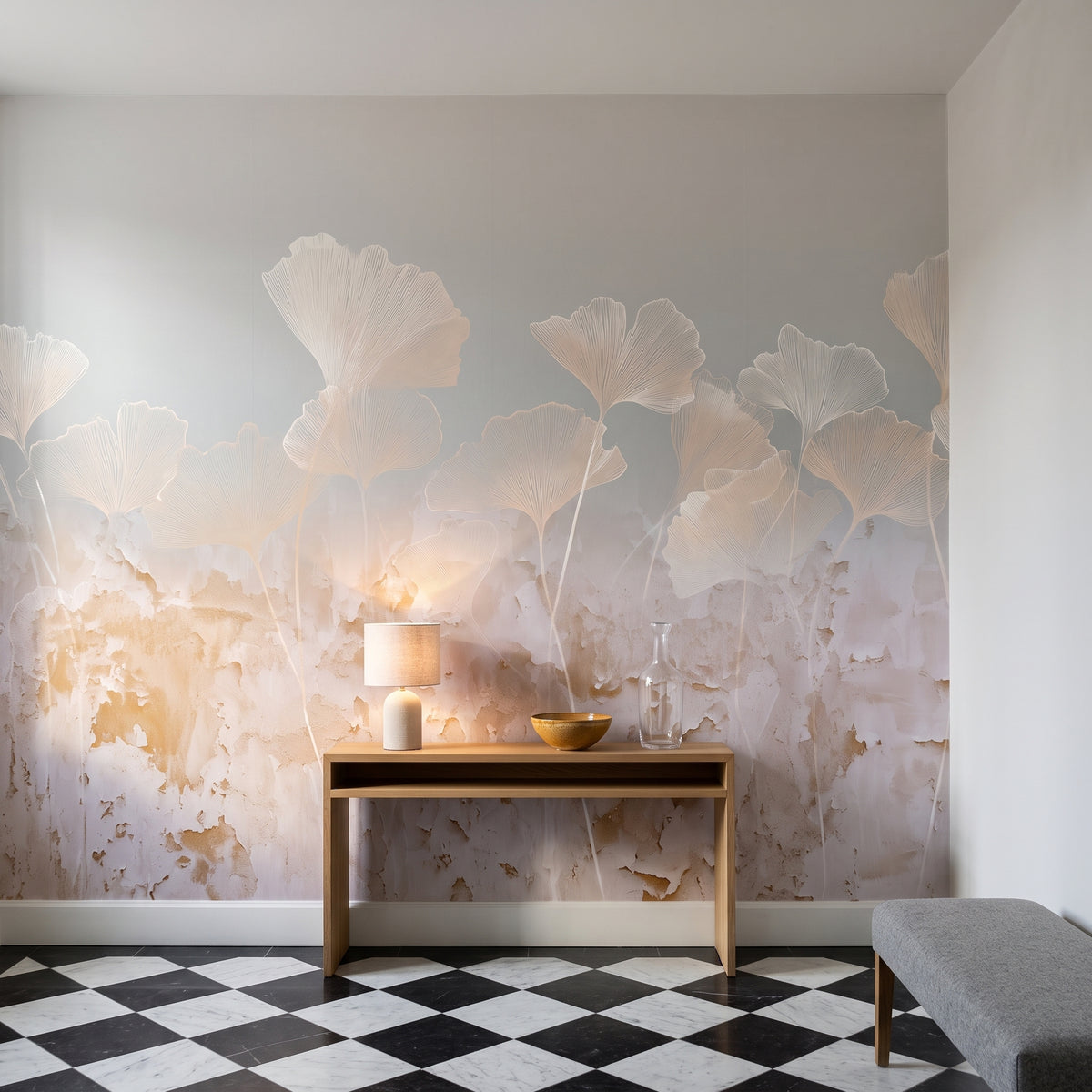 LILAC STUCCO in a hall setting in a Georgian townhouse in Edinburgh, with a low oak console with a bowl in front of the wall