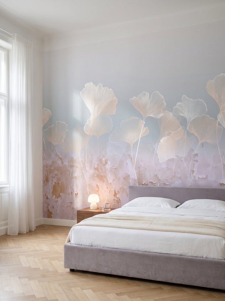 LILAC STUCCO mis en scène dans une chambre d'un immeuble Art nouveau viennois, devant le mur un lit bas en velours gris lilas