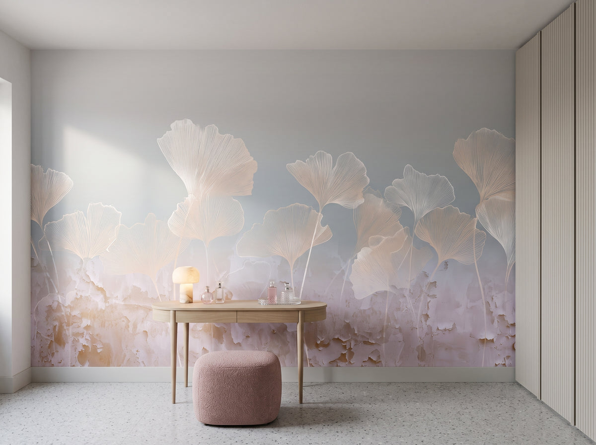 LILAC STUCCO in a dressing room setting in a 1950s Milan apartment, with an oval dressing table and a pink pouffe in front of the wall