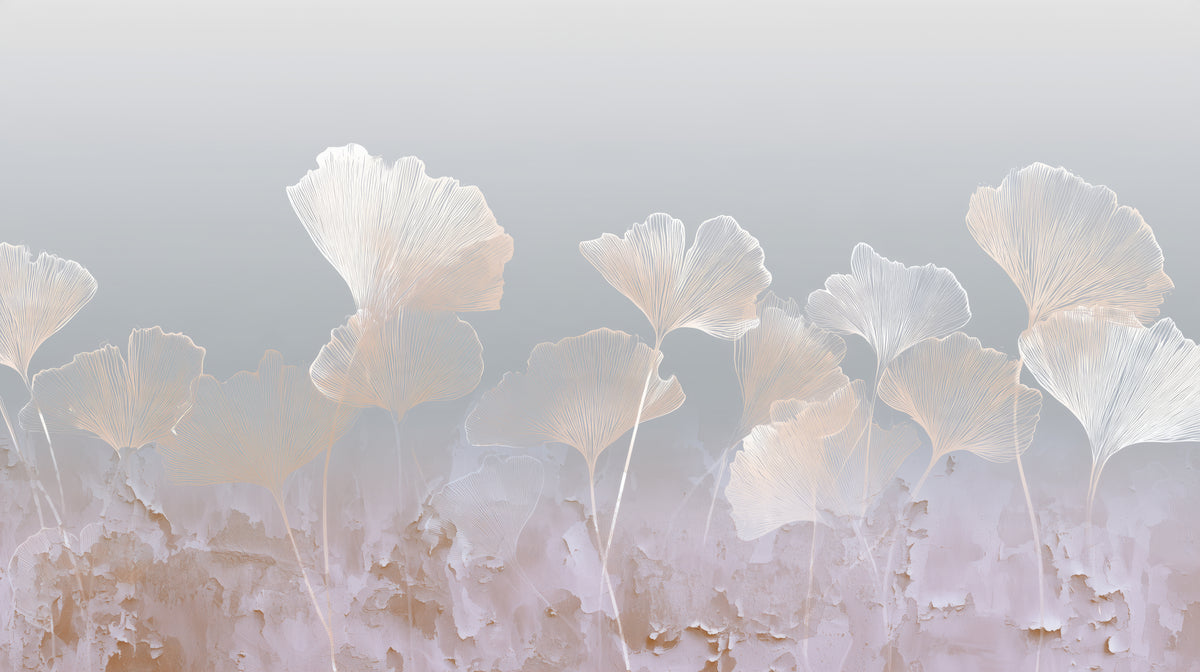 LILAC STUCCO – the full design: a row of cream ginkgo leaves on a grey-blue ground above lilac, peeling plaster