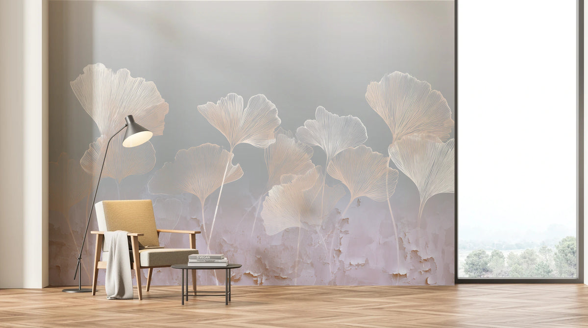 LILAC STUCCO across the whole wall of a bright living room with a large window – ginkgo leaves reach higher than the armchair and lamp
