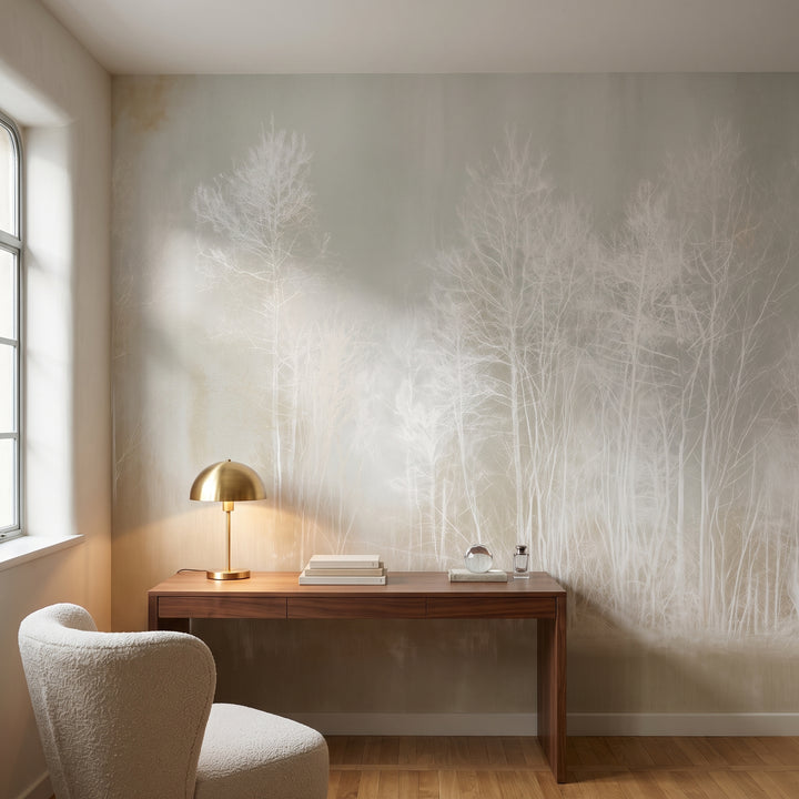 LIMEWASH WOODS en mise en scène dans le bureau d'un appartement moderniste à Gdynia, table de travail en noyer devant le mur