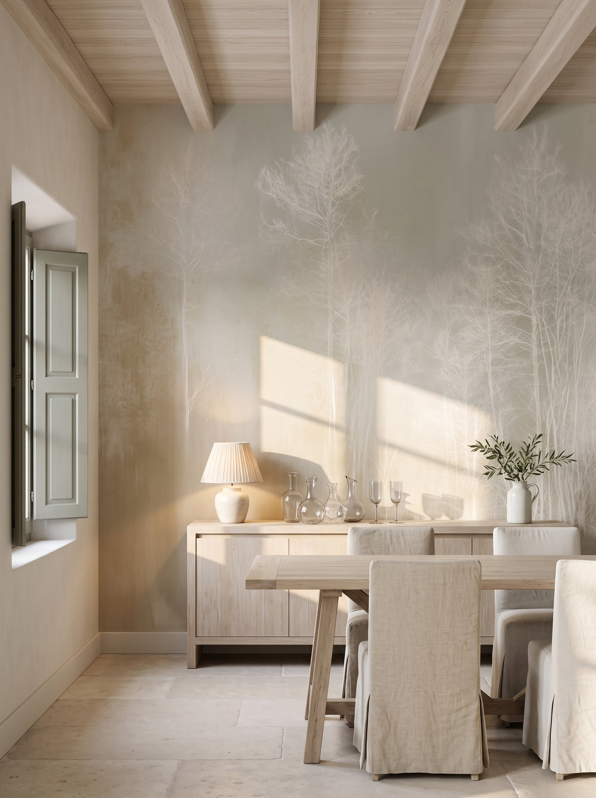 LIMEWASH WOODS en mise en scène dans la salle à manger d'une maison en pierre en Provence, buffet blanchi et longue table devant le mur