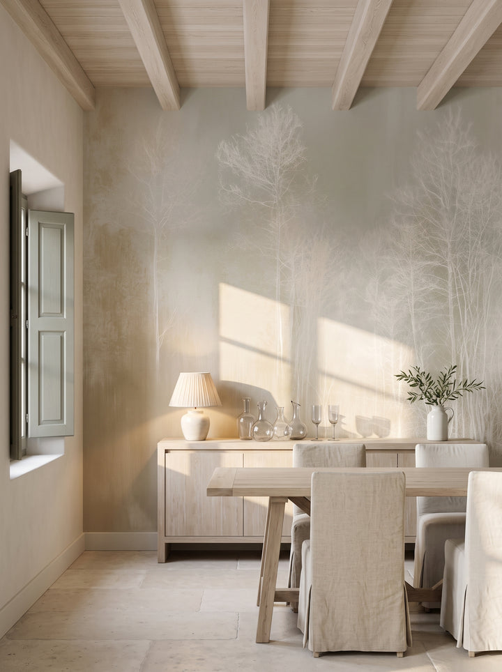 LIMEWASH WOODS en mise en scène dans la salle à manger d'une maison en pierre en Provence, buffet blanchi et longue table devant le mur