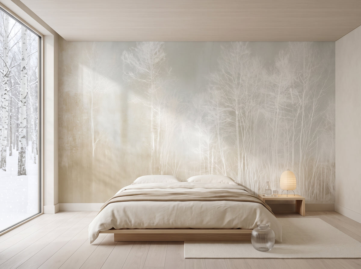LIMEWASH WOODS en mise en scène dans une chambre d'hôtel à Niseko, lit bas sur estrade et petite table devant le mur