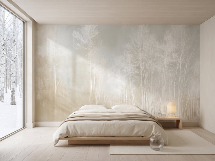 LIMEWASH WOODS en mise en scène dans une chambre d'hôtel à Niseko, lit bas sur estrade et petite table devant le mur