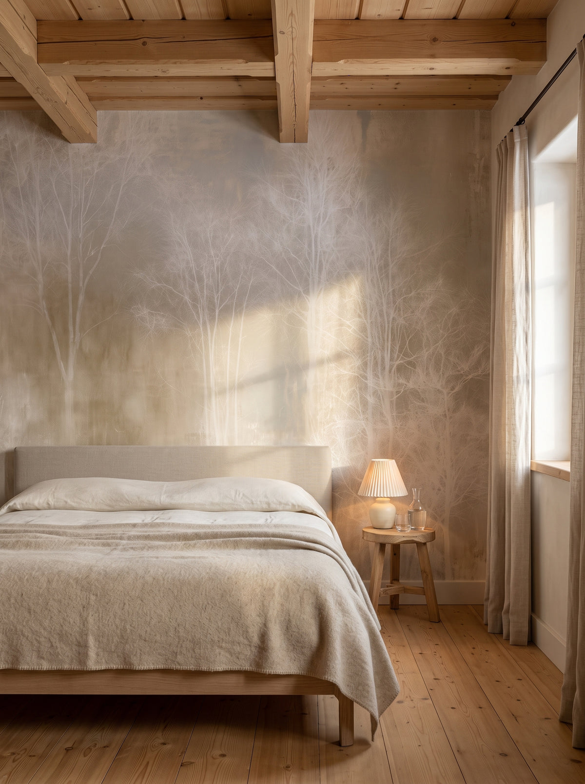 LINEN HUSH en mise en scène de chambre dans une villa en bois à Zakopane, devant le mur un lit bas en lin crème