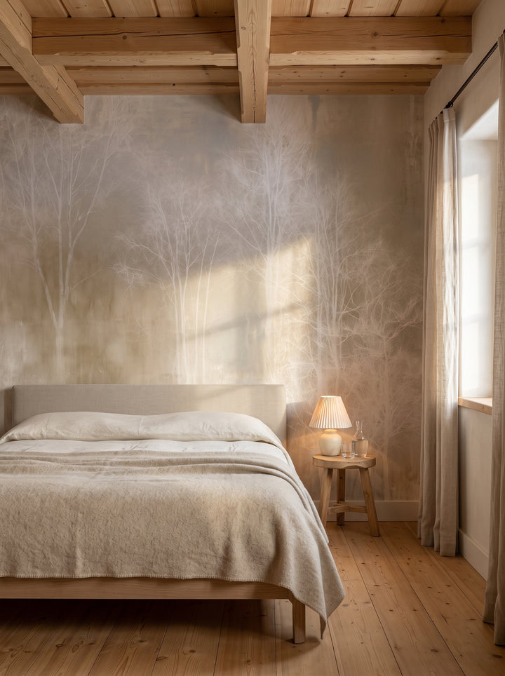 LINEN HUSH en mise en scène de chambre dans une villa en bois à Zakopane, devant le mur un lit bas en lin crème