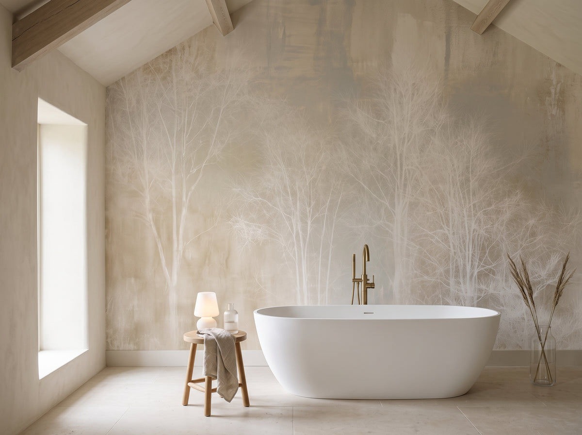 LINEN HUSH en mise en scène de salle de bains dans une grange en pierre des Cotswolds, devant le mur une baignoire îlot et un tabouret en chêne