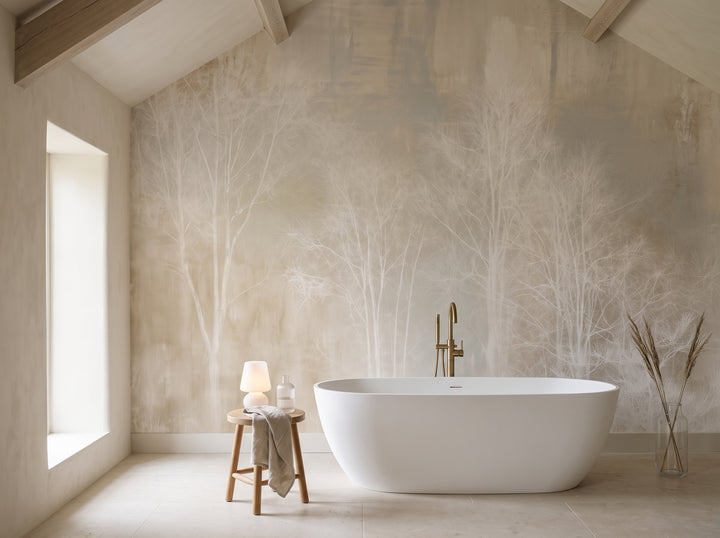 LINEN HUSH en mise en scène de salle de bains dans une grange en pierre des Cotswolds, devant le mur une baignoire îlot et un tabouret en chêne
