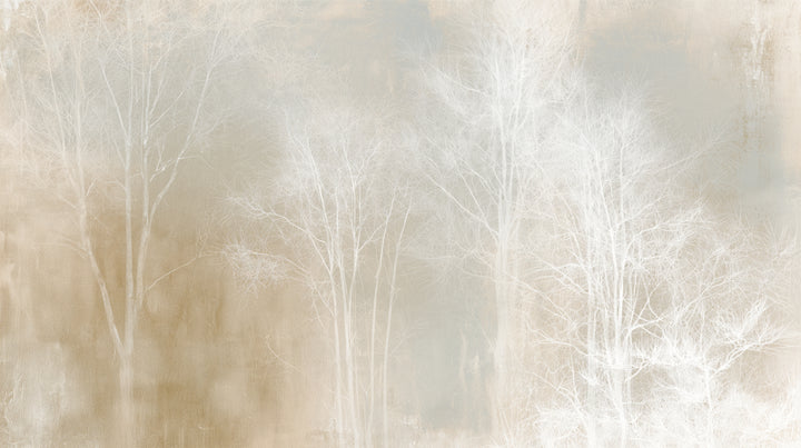 LINEN HUSH – motif completu202f: bosquet brumeux d'arbres blancs et crème sur fond de sable chaud et de gris-bleu pâle