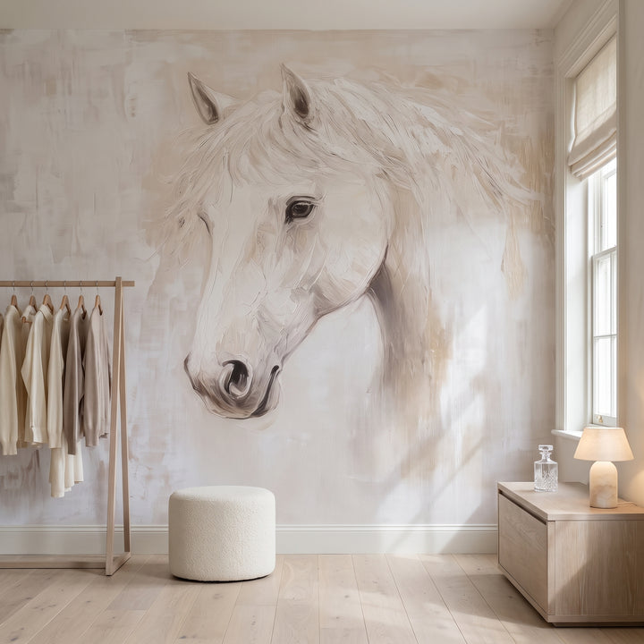 LINEN MUSE en una ambientación de vestidor: taburete crema bajo el hocico del caballo, cómoda con lámpara a la derecha y perchero a la izquierda