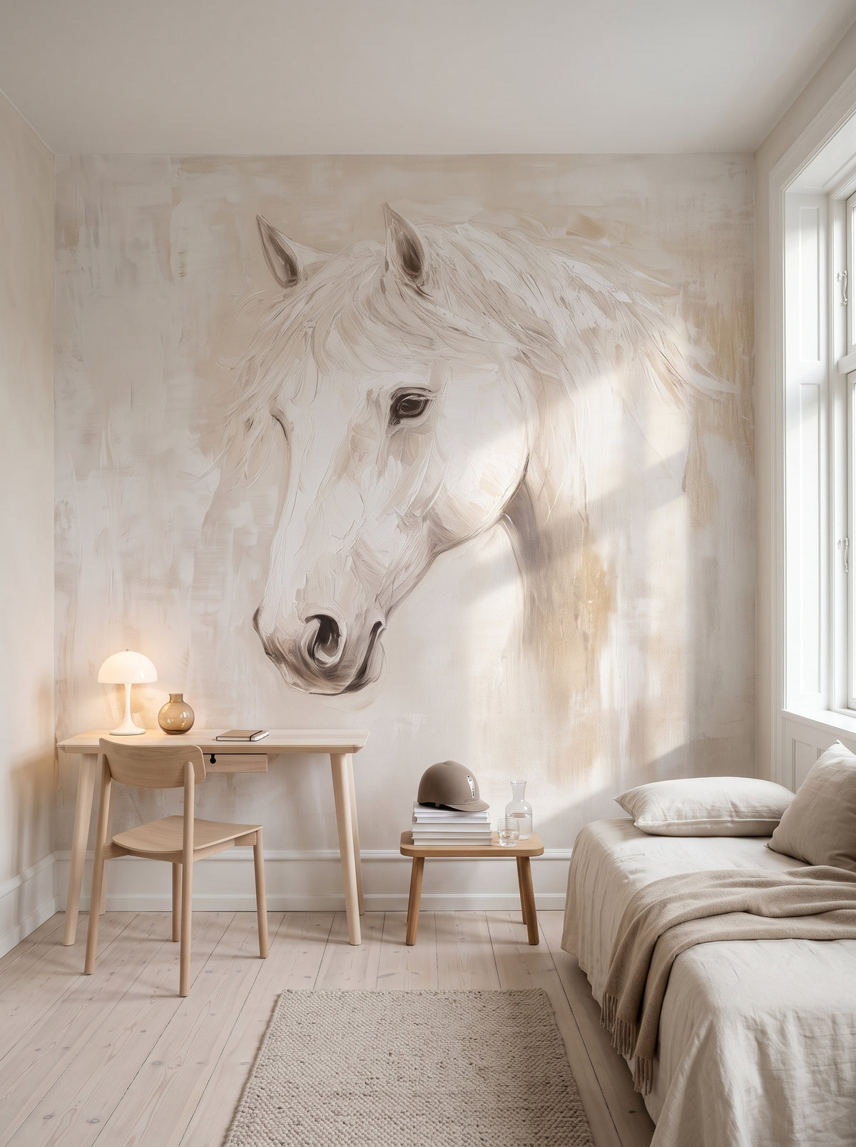 LINEN MUSE en una ambientación de habitación juvenil: caballo blanco sobre un taburete con libros y casco de equitación, junto a un escritorio claro y una cama