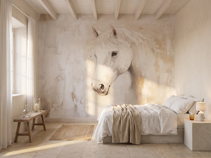 LINEN MUSE en una ambientación de dormitorio en una casa encalada de Menorca: cama baja a la derecha, banco a la izquierda, caballo en el centro