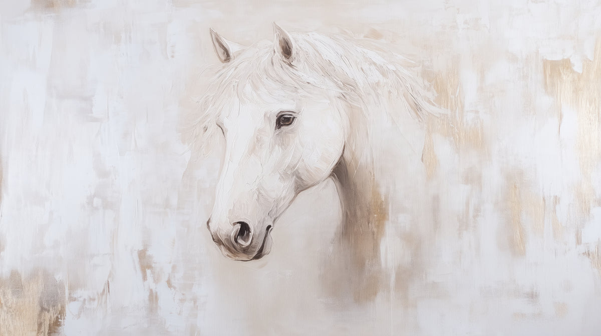 Vista previa del patrón: LINEN MUSE, diseño completo: cabeza de caballo blanco vista de frente, con crin clara, sobre un fondo casi blanco con roces beige