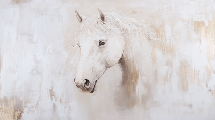 LINEN MUSE, diseño completo: cabeza de caballo blanco vista de frente, con crin clara, sobre un fondo casi blanco con roces beige