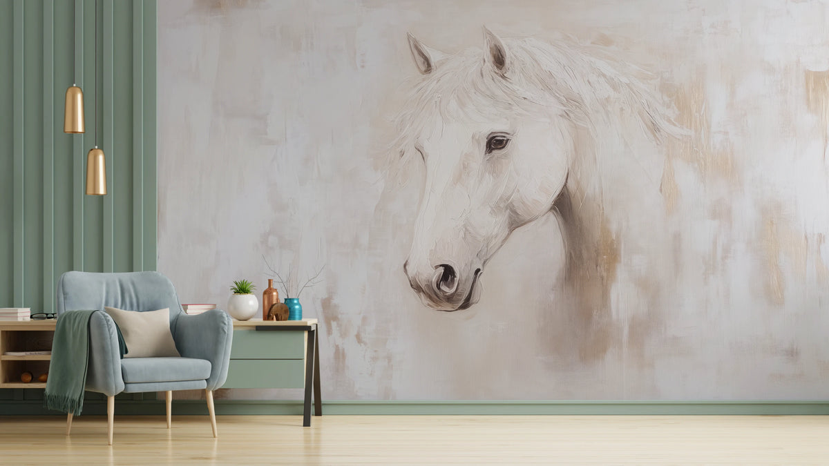 LINEN MUSE, pared de salón: cabeza de un caballo blanco en el centro de una pared clara, casi blanca; a la izquierda, panel verde y sillón celeste