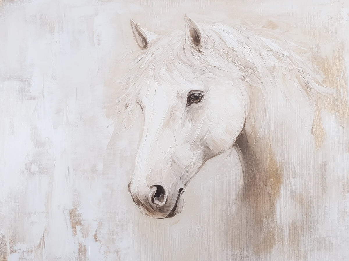 LINEN MUSE de cerca: cabeza del caballo blanco de las orejas al hocico, ojo oscuro, dibujo fino del morro y crin con relieve