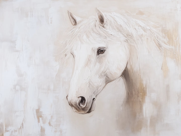 LINEN MUSE de cerca: cabeza del caballo blanco de las orejas al hocico, ojo oscuro, dibujo fino del morro y crin con relieve