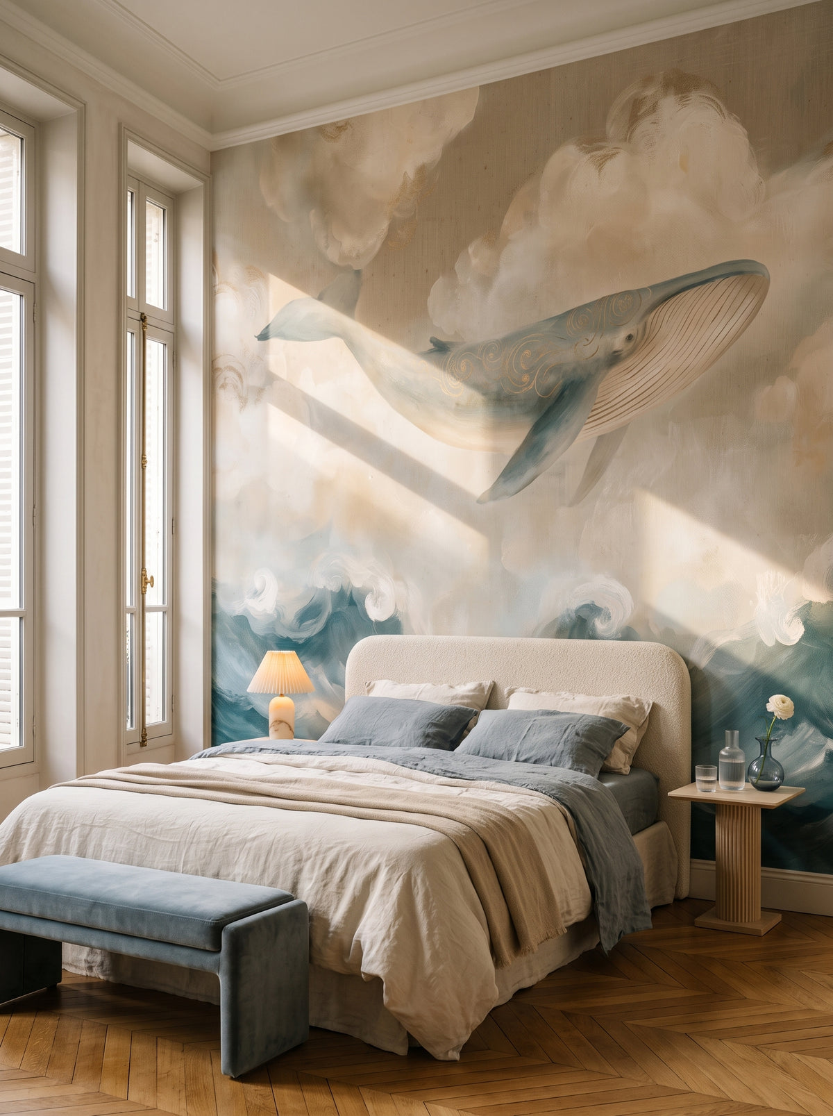 LINEN WHALE, mise en scène d’une chambre : baleine au-dessus d’un lit à tête de lit crème, linge de lit en lin et banc au pied du lit