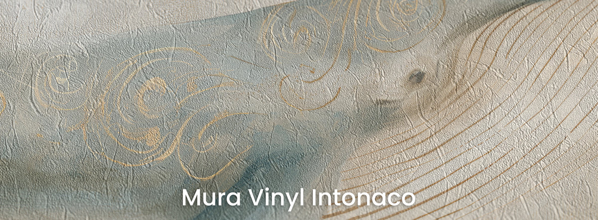 LINEN WHALE sur le support Mura Vinyl Intonaco – œil de la baleine et spirales dorées sur texture d’enduit taloché