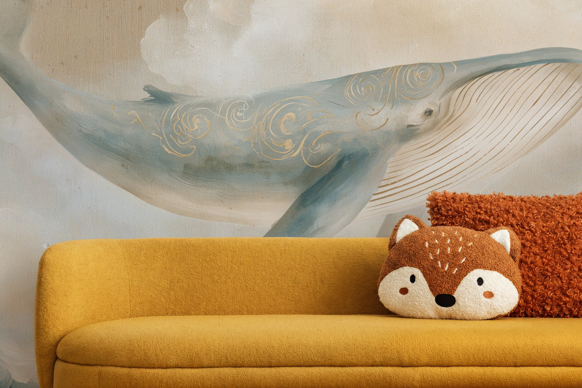 LINEN WHALE en gros plan au-dessus d’un canapé moutarde avec coussin en forme de renard : spirales dorées sur le dos et gorge striée
