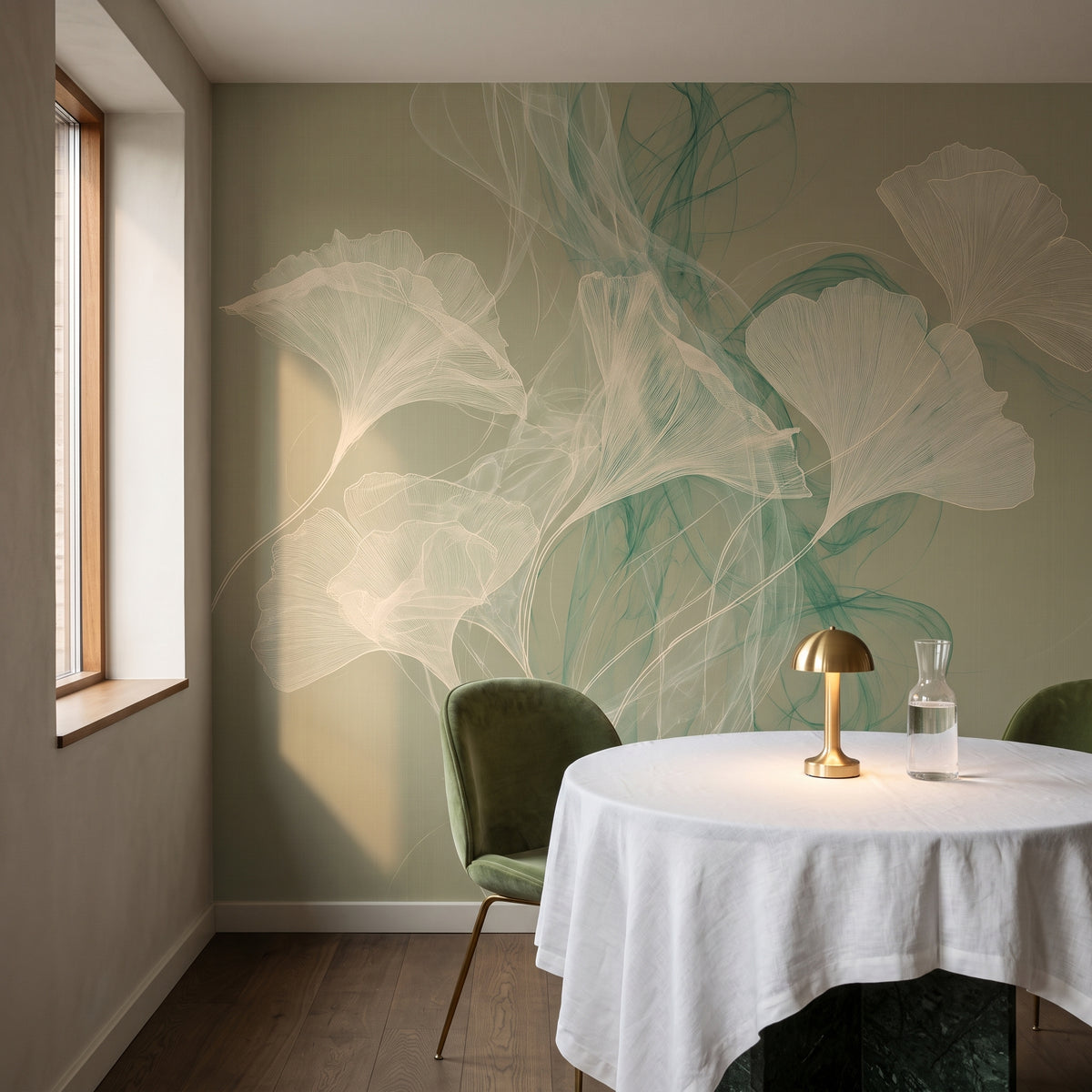 MALACHITE WISP dans le coin d’un restaurant à Copenhague, devant le mur une table ronde avec une nappe blanche