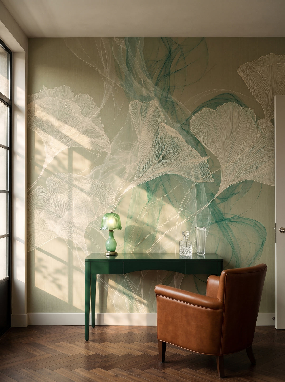 MALACHITE WISP dans un cabinet de travail d’un appartement Art déco à Shanghai, devant le mur un bureau vert et un fauteuil en cuir