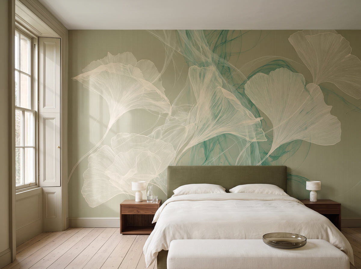 MALACHITE WISP dans une chambre d’un immeuble d’Édimbourg, devant le mur un lit bas à tête de lit olive