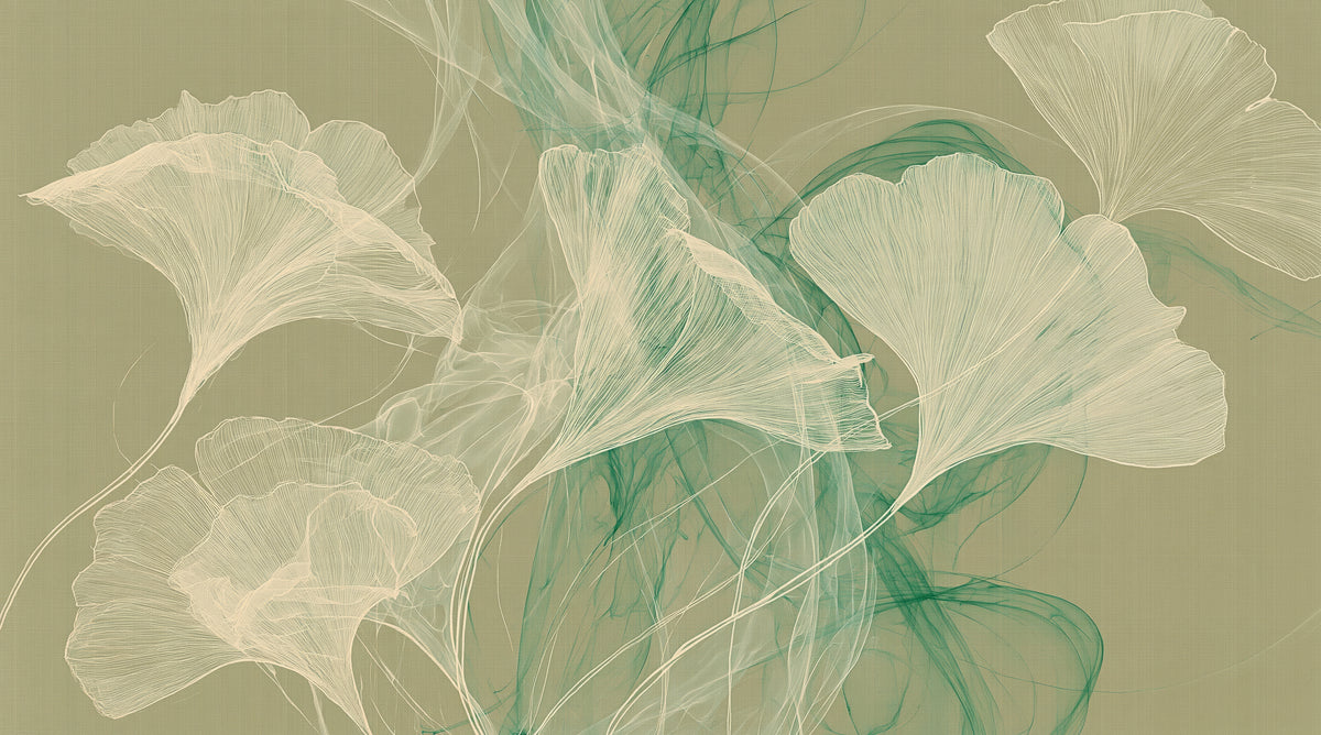 MALACHITE WISP – motif complet : feuilles de ginkgo crème sur un fond kaki olive et traînée émeraude qui coule au centre