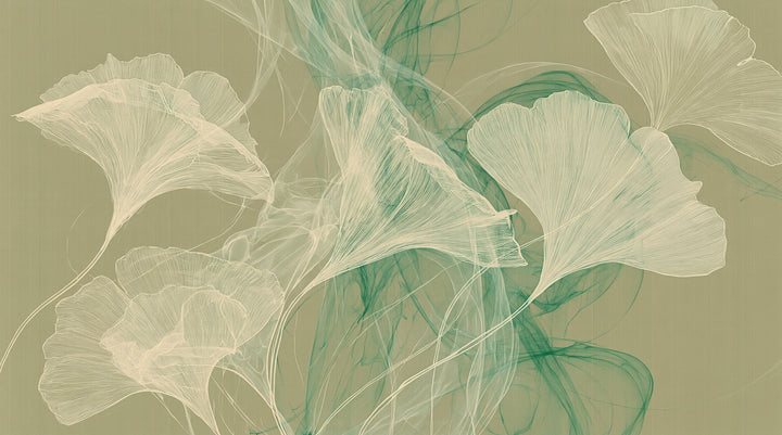 MALACHITE WISP – motif complet : feuilles de ginkgo crème sur un fond kaki olive et traînée émeraude qui coule au centre