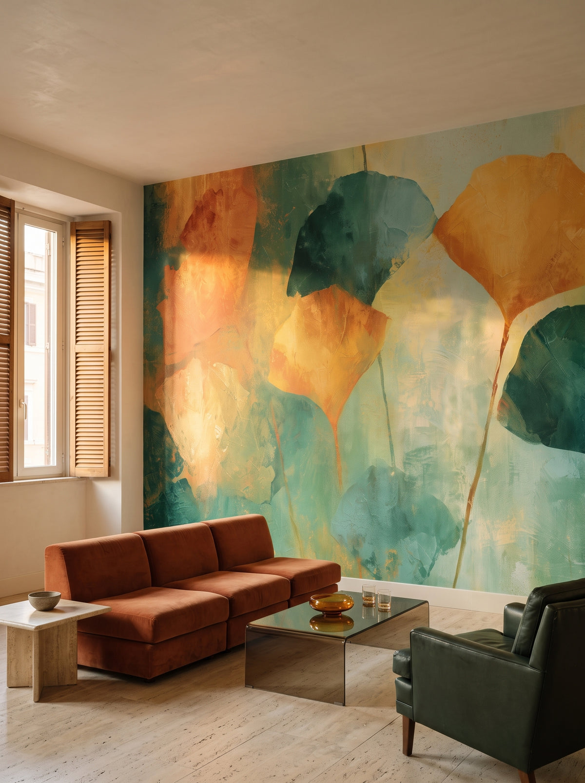 MANDARIN w aranżacji salonu w rzymskim apartamencie z lat 70., przed ścianą niska terakotowa sofa i zielony fotel