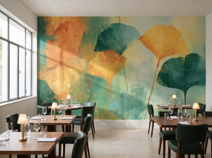 MANDARIN in a restaurant setting in a Bauhaus building in Tel Aviv, with walnut tables in the middle of the room in front of the wall