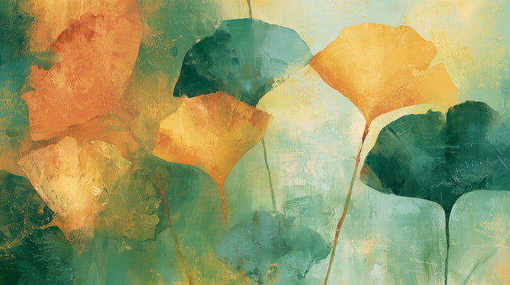 MANDARIN – the full design: large ginkgo leaves in terracotta, orange and honey yellow beside dark green