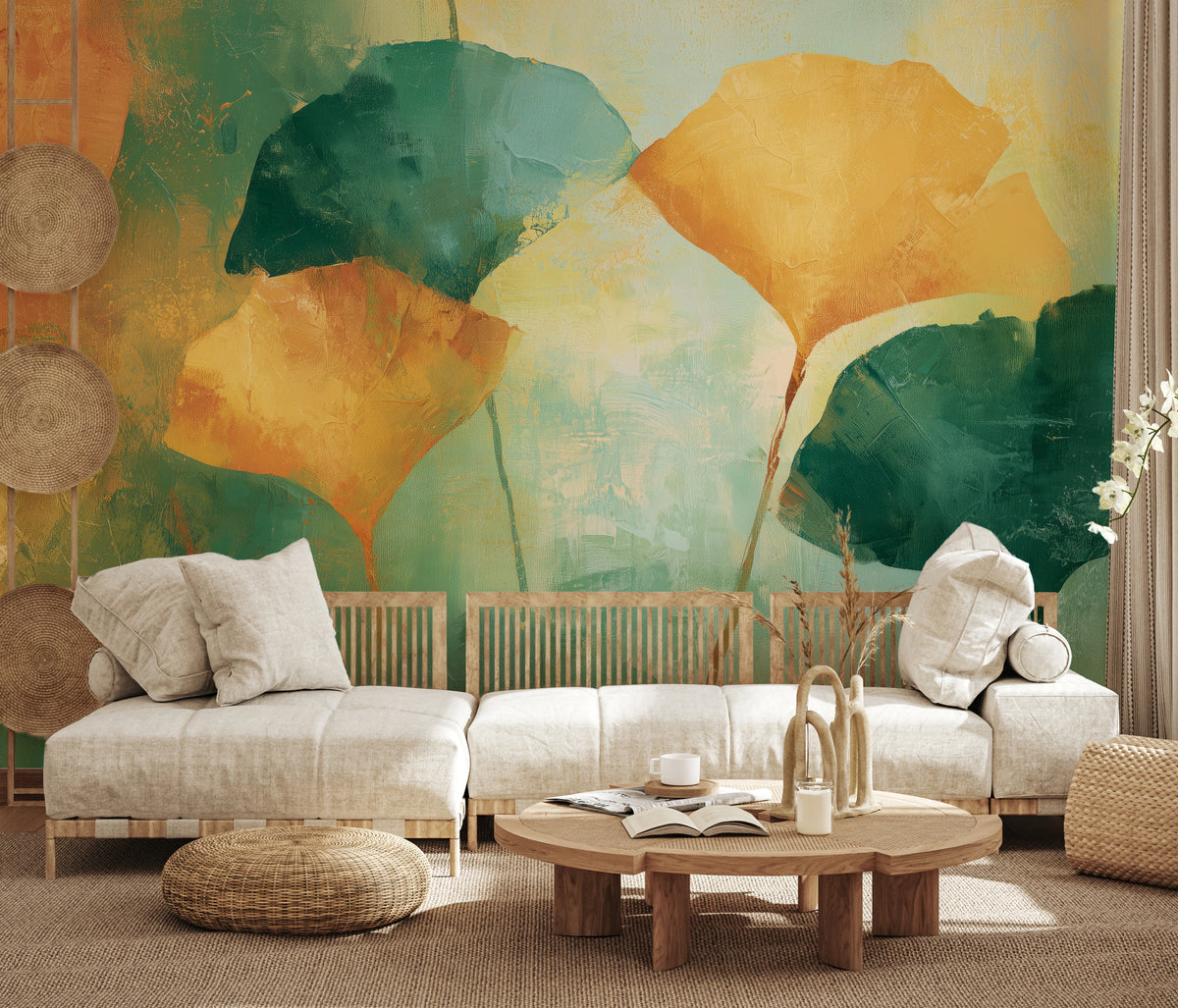 MANDARIN na całej ścianie jasnego salonu z długą sofą; największe liście są szersze od pojedynczego segmentu sofy