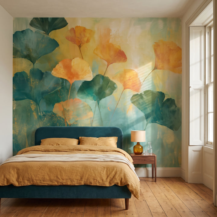MARIGOLD in a bedroom setting in a Georgian townhouse in Dublin, with a low bed in sea-green velvet in front of the wall