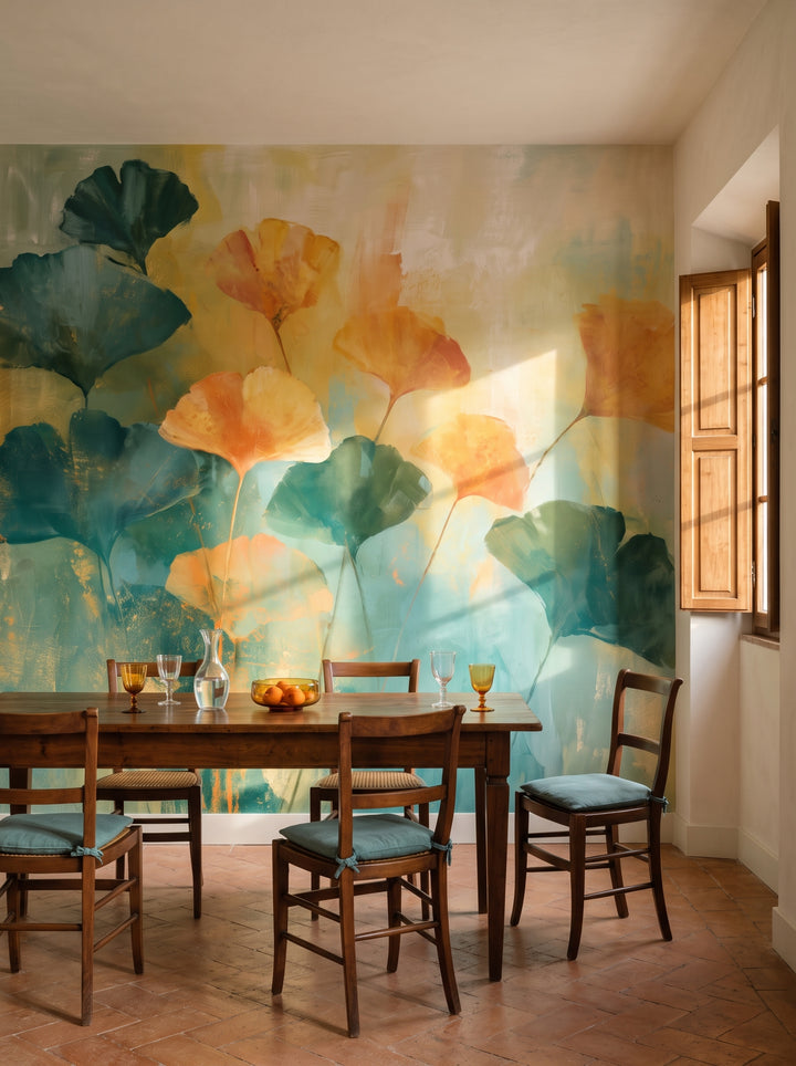 MARIGOLD in a dining room setting in an 18th-century villa near Siena, with a long walnut refectory table in front of the wall