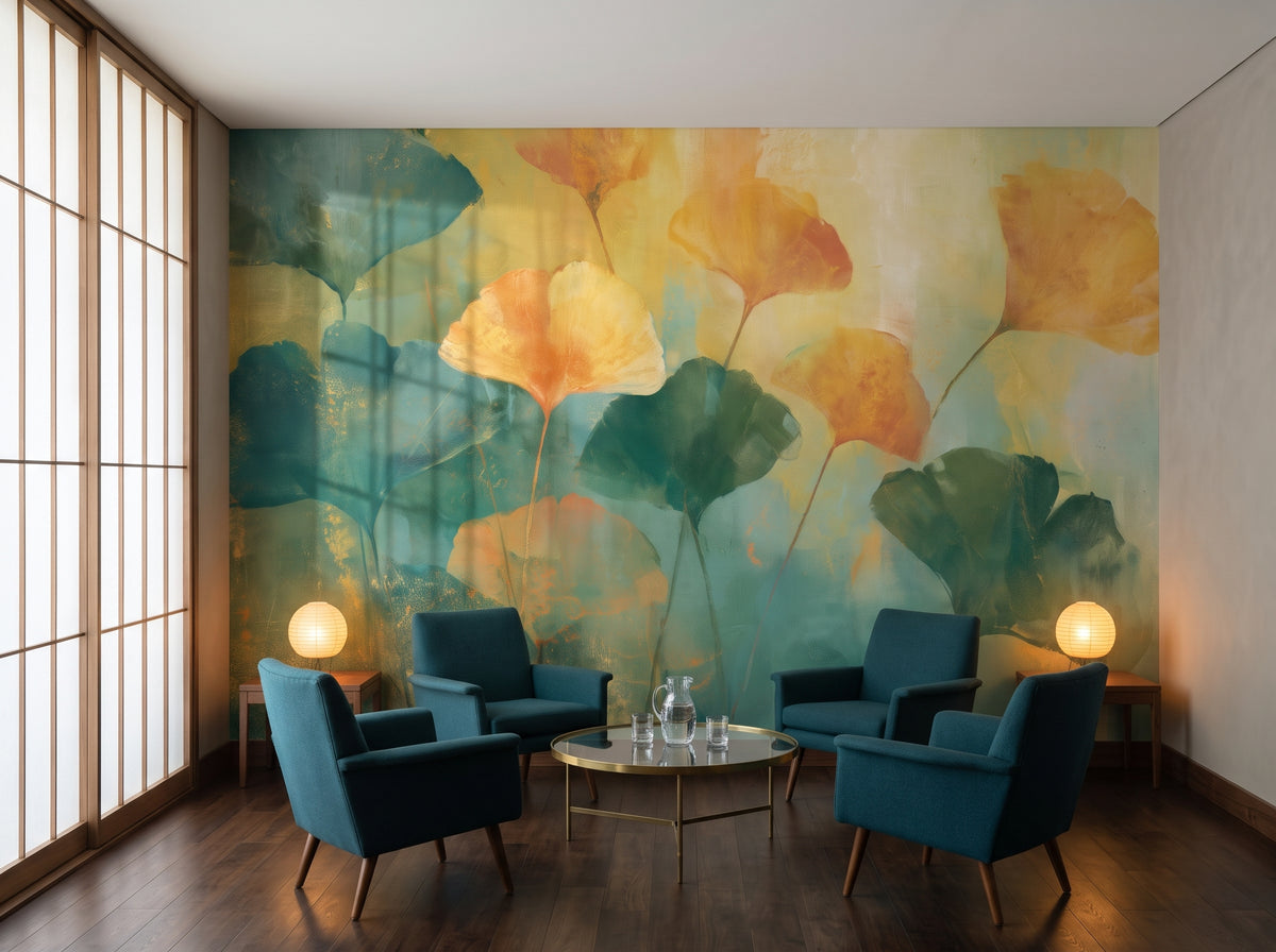MARIGOLD w aranżacji salonu hotelu butikowego w Kioto, przed ścianą niskie fotele w morskiej wełnie i szklany stolik