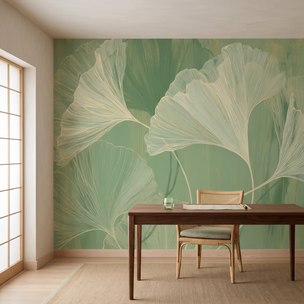 MATCHA BRUSHWORK dans un cabinet de travail d’une maison à Kamakura, devant le mur un bureau en noyer sur des pieds élancés et une chaise en roseau
