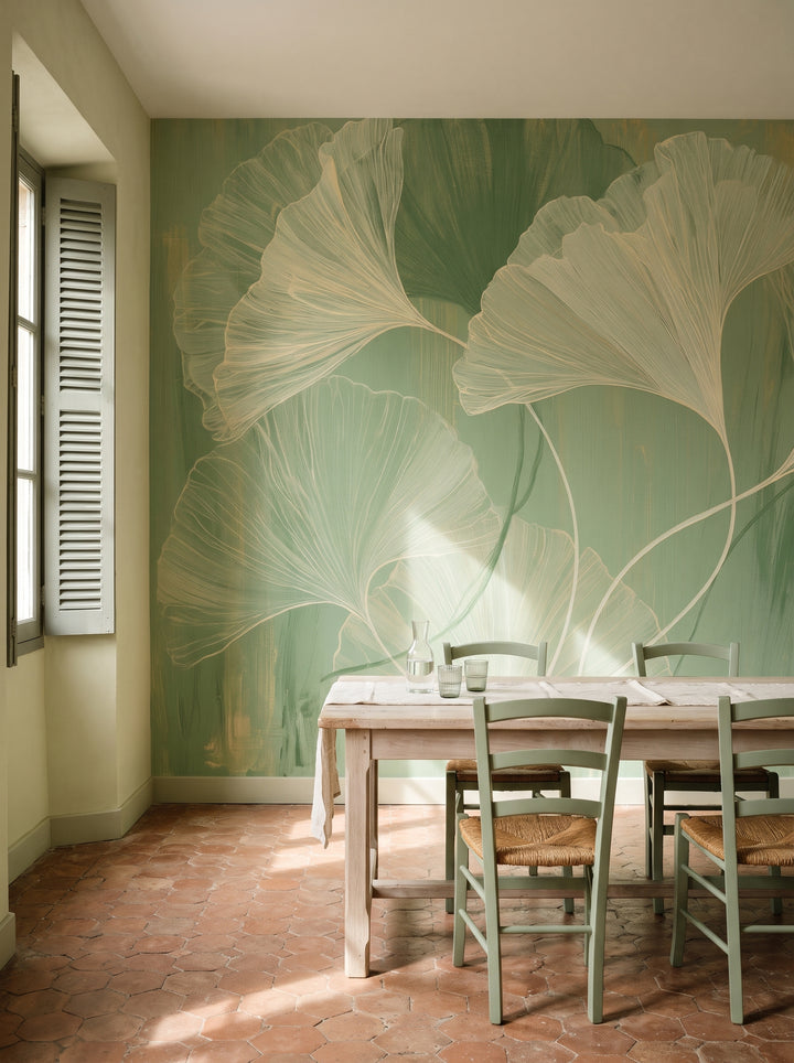 MATCHA BRUSHWORK w aranżacji jadalni w prowansalskiej bastidzie, przed ścianą długi dębowy stół i szałwiowe krzesła
