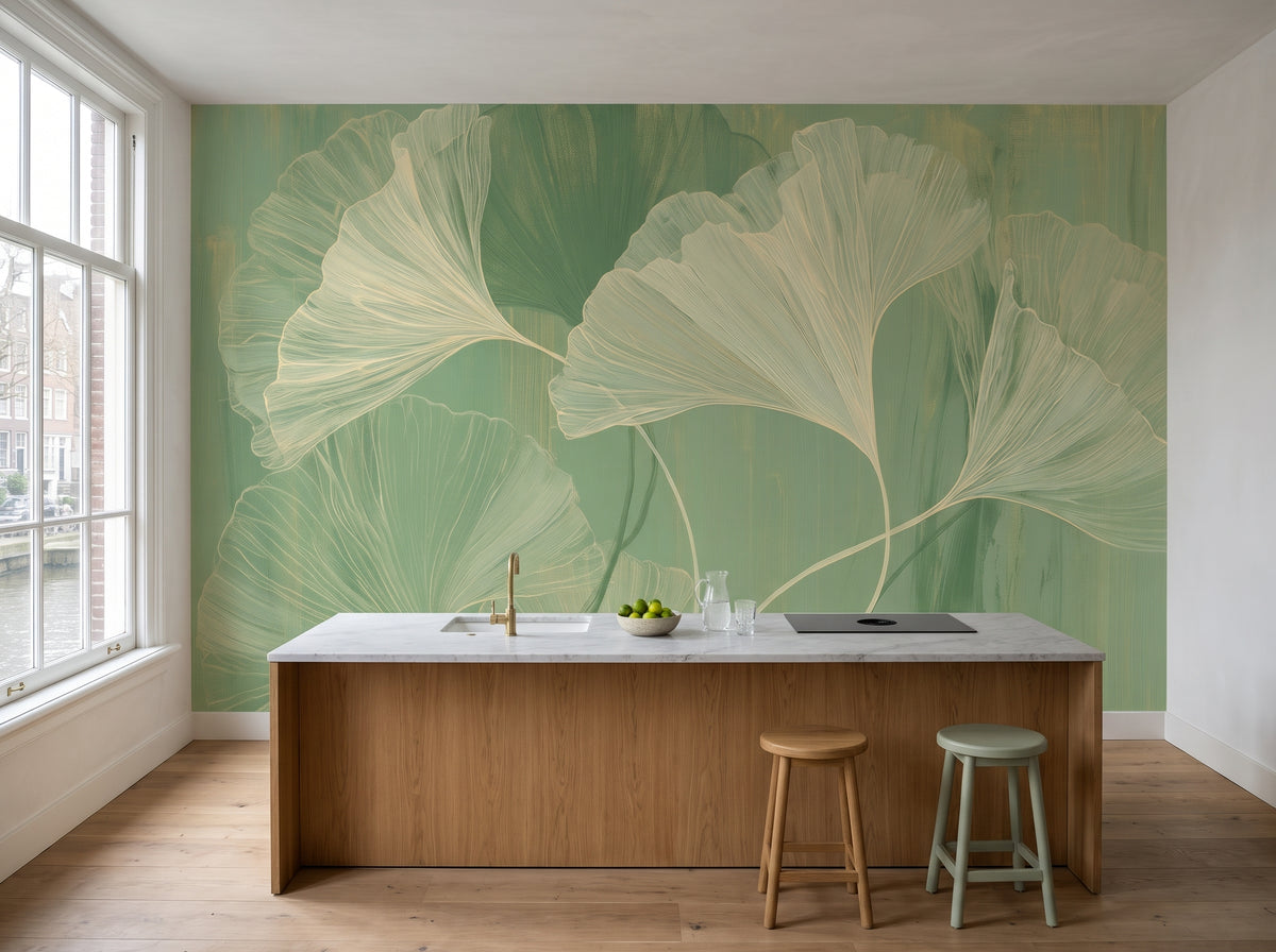 MATCHA BRUSHWORK dans une cuisine d’une maison de ville à Amsterdam, devant le mur un îlot en chêne avec plan de travail en marbre et évier