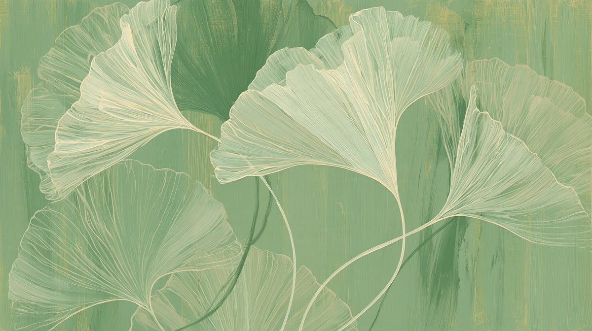 MATCHA BRUSHWORK – motif complet : grandes feuilles de ginkgo crème sur un vert clair aux coups de pinceau verticaux