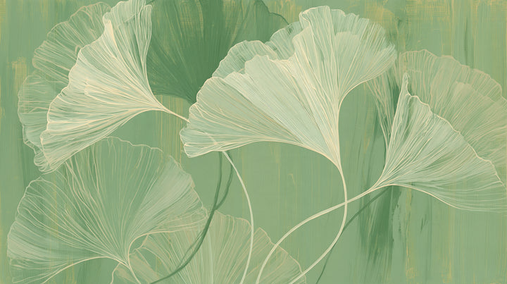 MATCHA BRUSHWORK – pełny wzór: duże kremowe liście miłorzębu na jasnej zieleni z pionowymi pociągnięciami pędzla